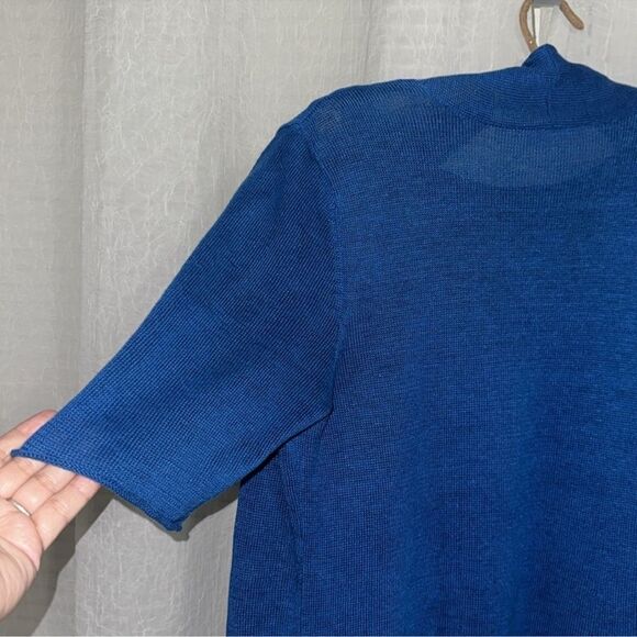Eileen Fisher M Azure Blue Open Front Knit Short Sleeve Linen Cardigan - Picture 6 of 12